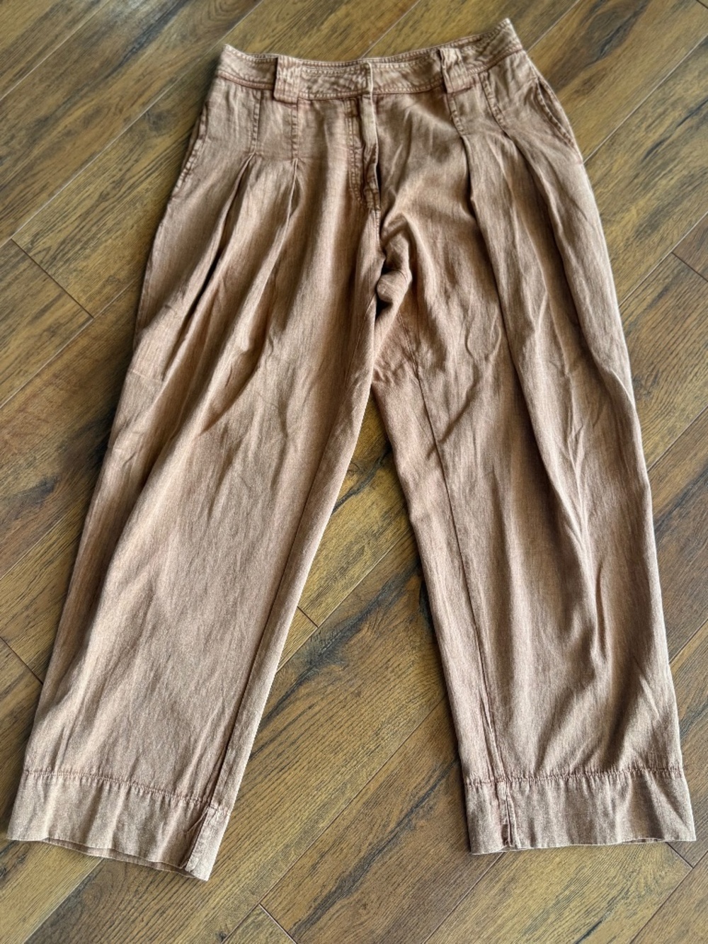 FP One Free People Cognac Linen Blend Wide Leg Pleated Pants Women's Size 6